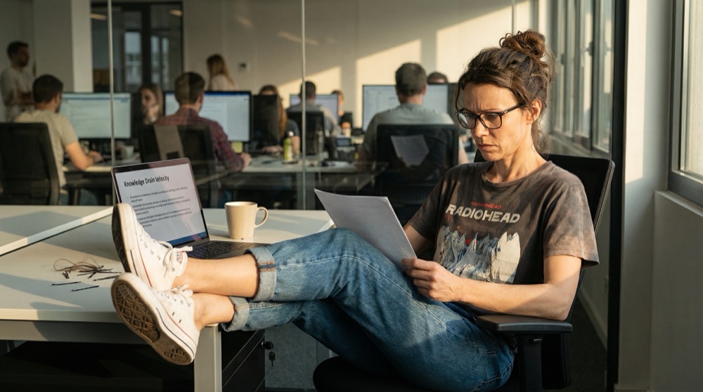 Katja at her glass-walled office desk, reading Navigator synthesis on laptop, expression focused and grim, untouched coffee beside keyboard, afternoon sun through office windows