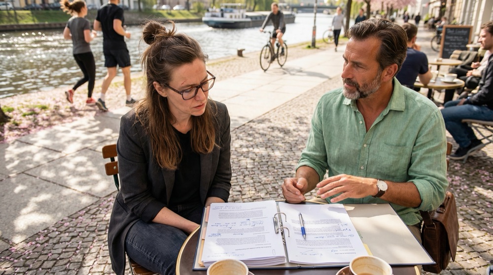 Stefan and Katja sitting at a small outdoor table on Paul-Lincke-Ufer, canal water glinting behind them, annotated printouts spread between two coffee cups, cherry blossom petals on the cobblestones