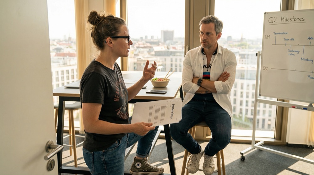 Katja standing in front of Lukas's desk, gesturing as she speaks, Lukas sitting on his desk stool with cycling jersey visible under his button-down, arms crossed, afternoon sun through floor-to-ceiling windows, whiteboard with Q2 milestones behind him
