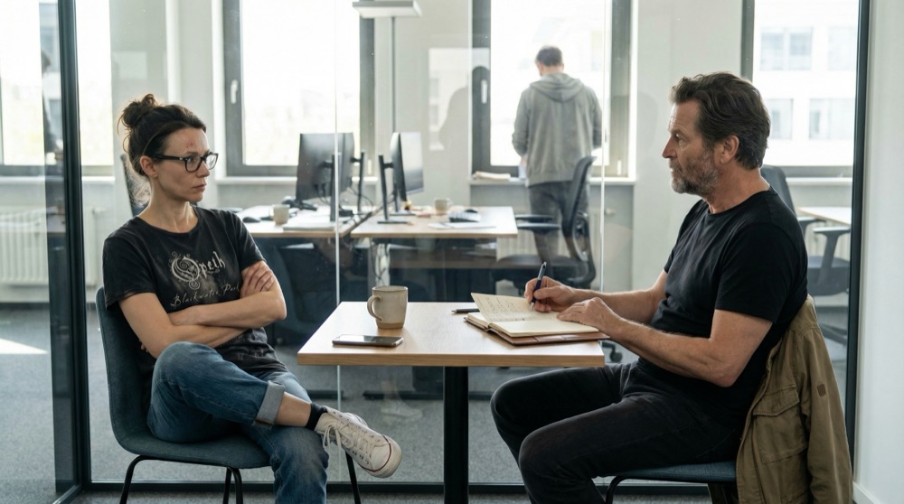 Stefan and Katja sit in her glass-walled office on Monday morning