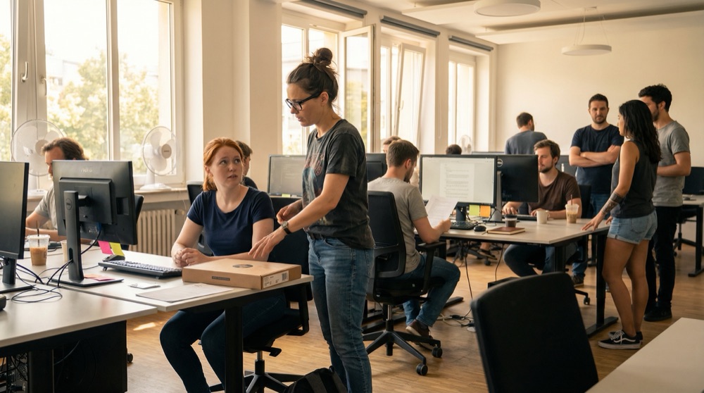 Emma O'Sullivan at her new desk on her first day while Katja welcomes her