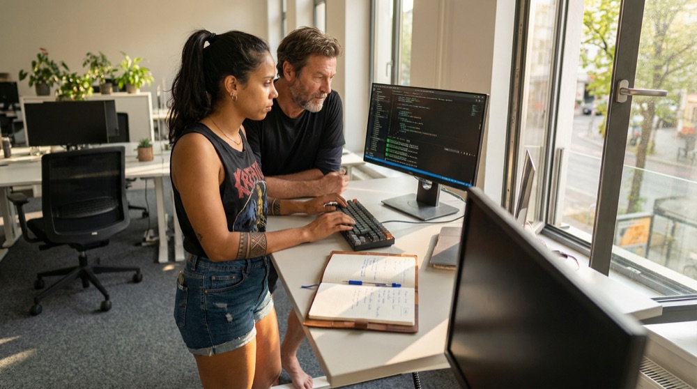 Stefan and Mariana pair programming at her standing desk during late afternoon