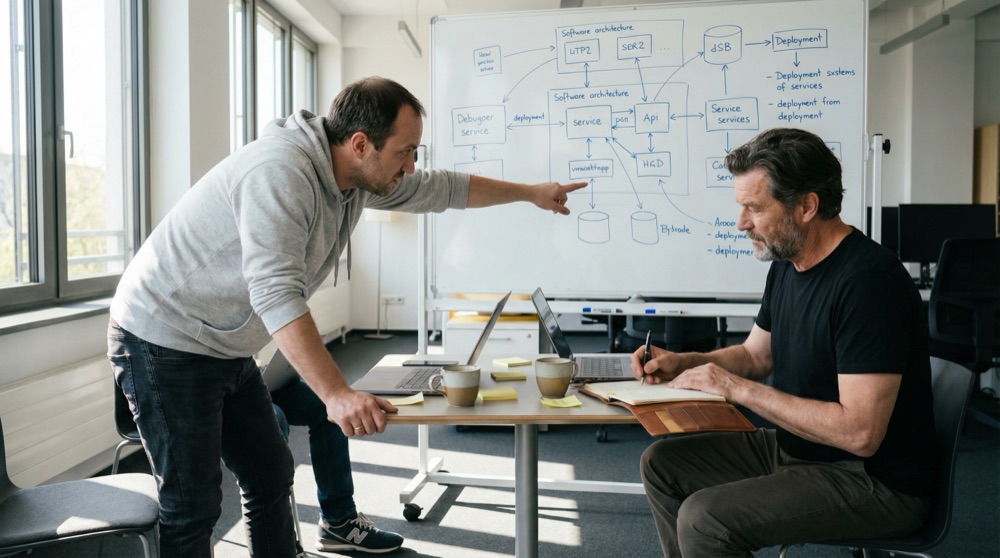 Tomasz and Stefan mapping architecture decisions together in a quiet office corner