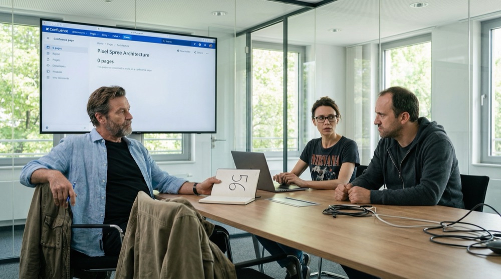 Stefan und Tomasz vor einem leeren Confluence-Architekturbereich bei Pixel Spree