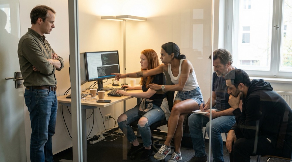 Emma en un escritorio con un monitor externo. Mariana de pie detrás de su silla. Stefan sentado a un lado con cuaderno abierto. Daniel en la puerta con brazos cruzados.