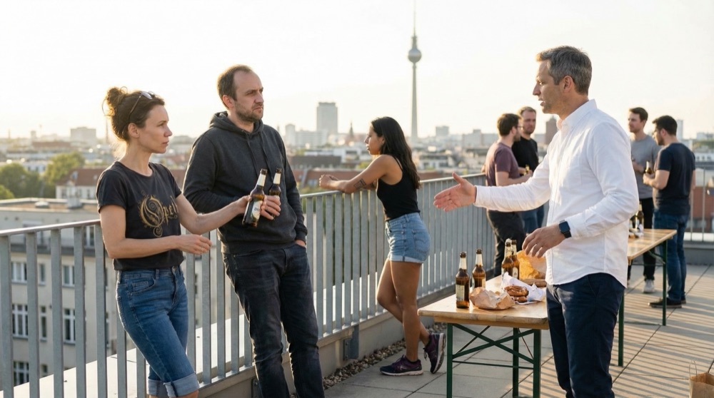 Rooftop farewell in Kreuzberg as Tomasz stands apart in his gray hoodie at golden hour
