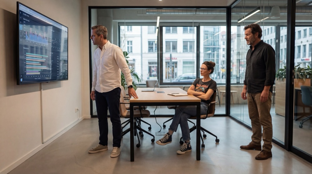 Lukas, Katja, and Stefan in a conference room reviewing Navigator synthesis and DORA baseline on a wall display