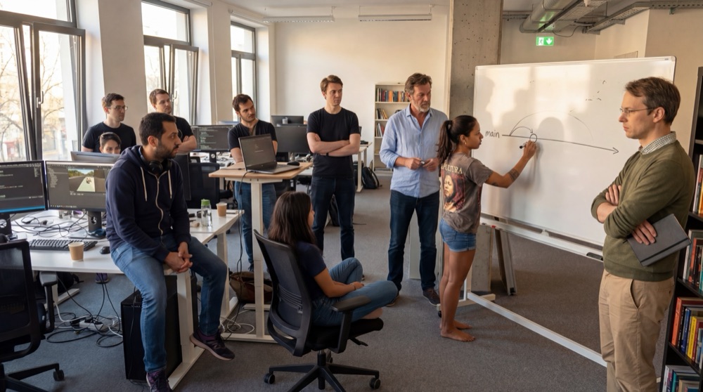 Team gathered around a whiteboard as Stefan presents a single mainline workflow