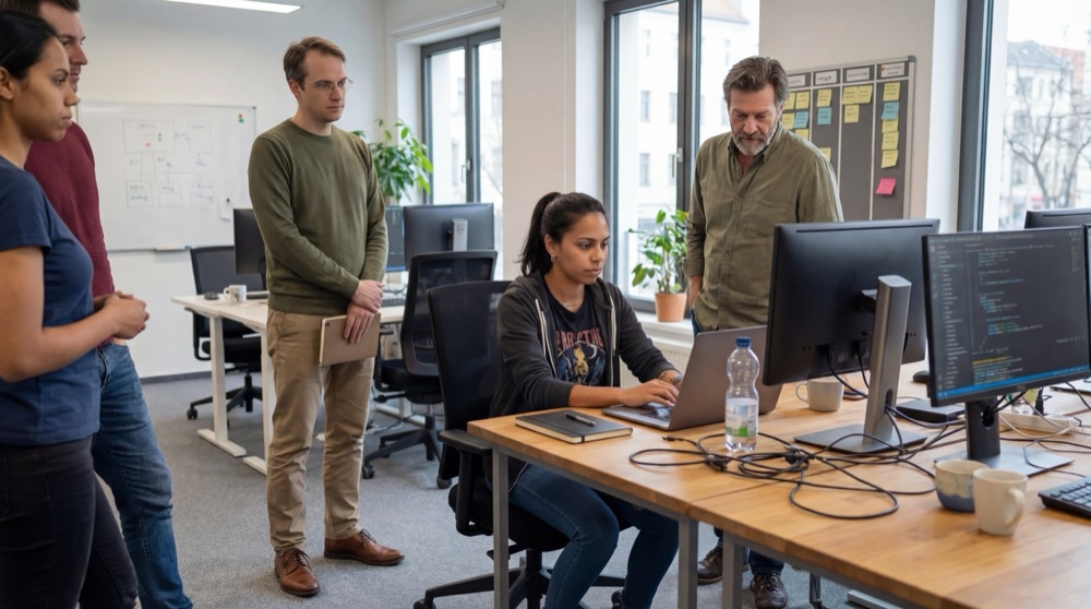 Mariana at her standing desk as the backend team watches the first small PR flow through CI