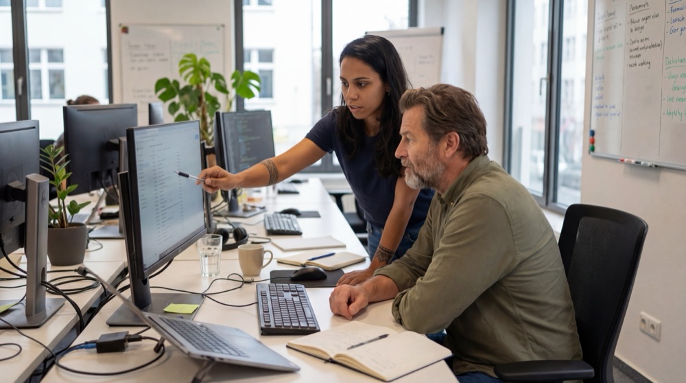 Mariana and Stefan review a branch graveyard on a shared screen as the Friday office empties