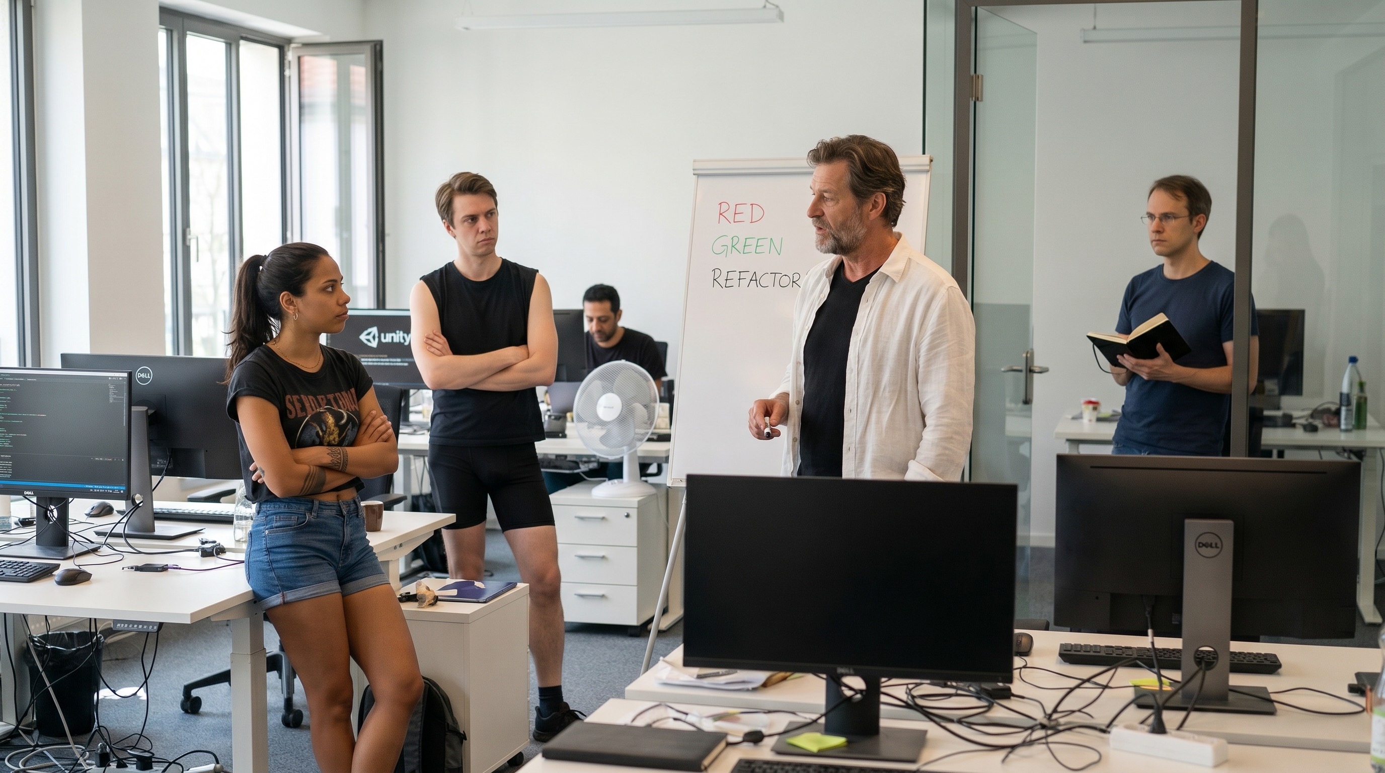 Stefan frente a una pizarra con RED, GREEN y REFACTOR escritos con marcador negro grueso mientras Mariana, Sofia, Anton y Daniel observan desde el piso de desarrollo en el calor berlinés de inicios de junio