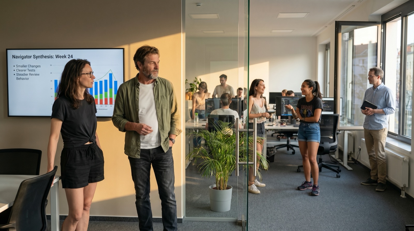Katja y Stefan en una sala de juntas de vidrio revisando Navigator en una pantalla mural que muestra los temas de la síntesis de la semana alrededor de cambios más pequeños, pruebas más claras y un comportamiento de review más estable. Katja lleva camiseta negra de banda anudada a la cintura, shorts negros y Chucks blancos con los lentes puestos. Stefan lleva camiseta blanca bajo una camisa de lino abierta con jeans oscuros. A través del muro de vidrio se ve a Mariana riéndose con Sofia en el grupo de backend, ambas en shorts y tops de verano, mientras Daniel está al fondo del piso con el Moleskine cerrado. Luz dorada tardía de junio, ventanas abiertas, ambiente cálido y relajado de viernes.