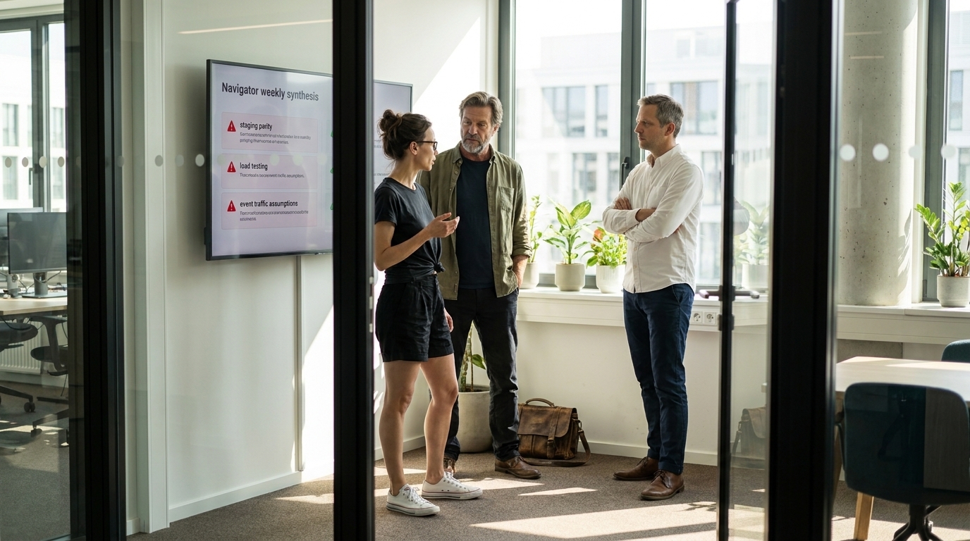 Katja in a glass conference room with Stefan and Lukas as the Navigator display highlights repeated warnings about staging parity, load testing, and event traffic assumptions.