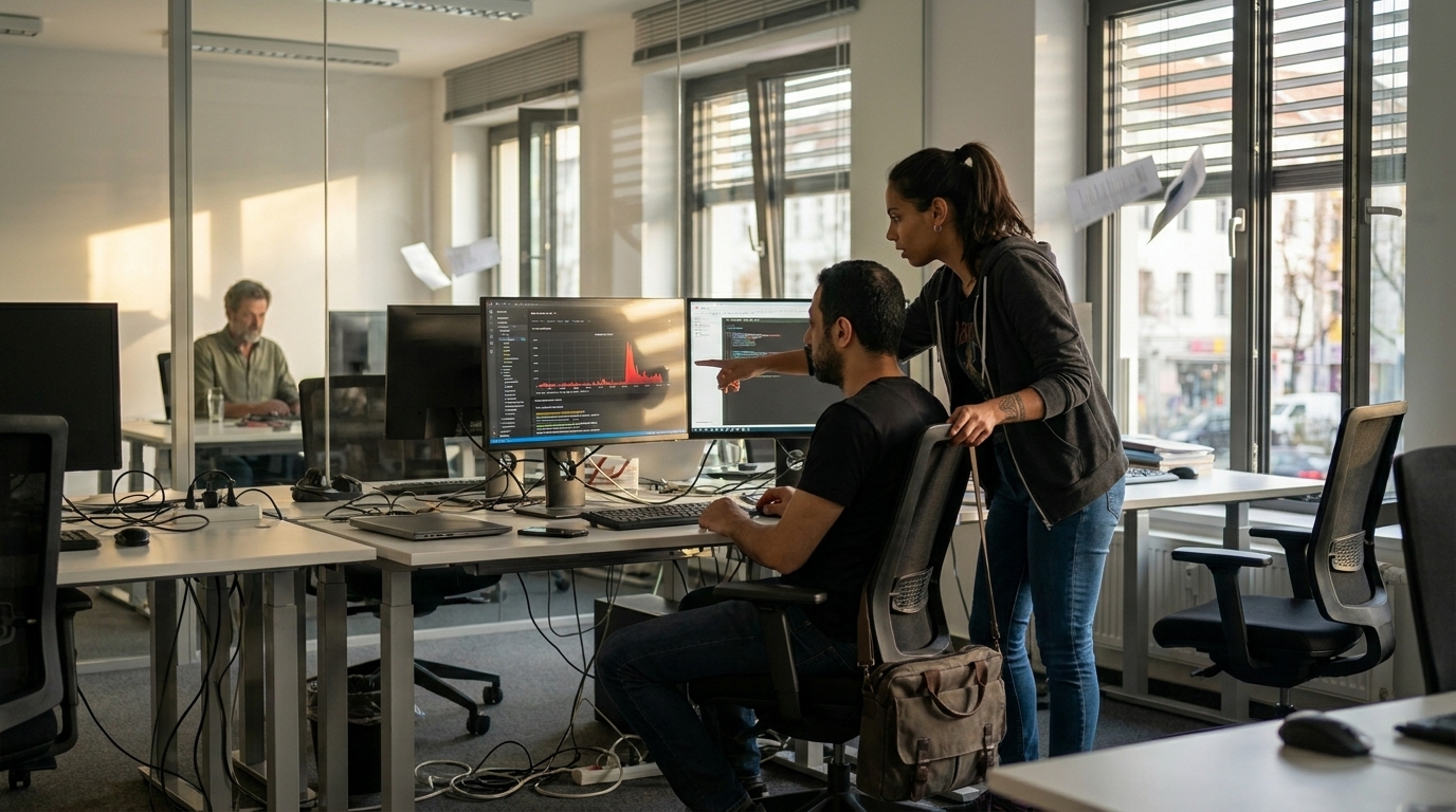 Hassan at his desk with three monitors showing server metrics while Mariana points at a spike in the graph and Stefan watches through the glass wall.