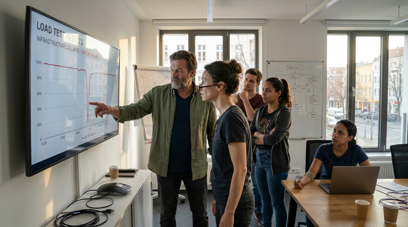 Katja, Stefan, and a small group of developers watch load test results on a wall display as the infrastructure graph collapses.