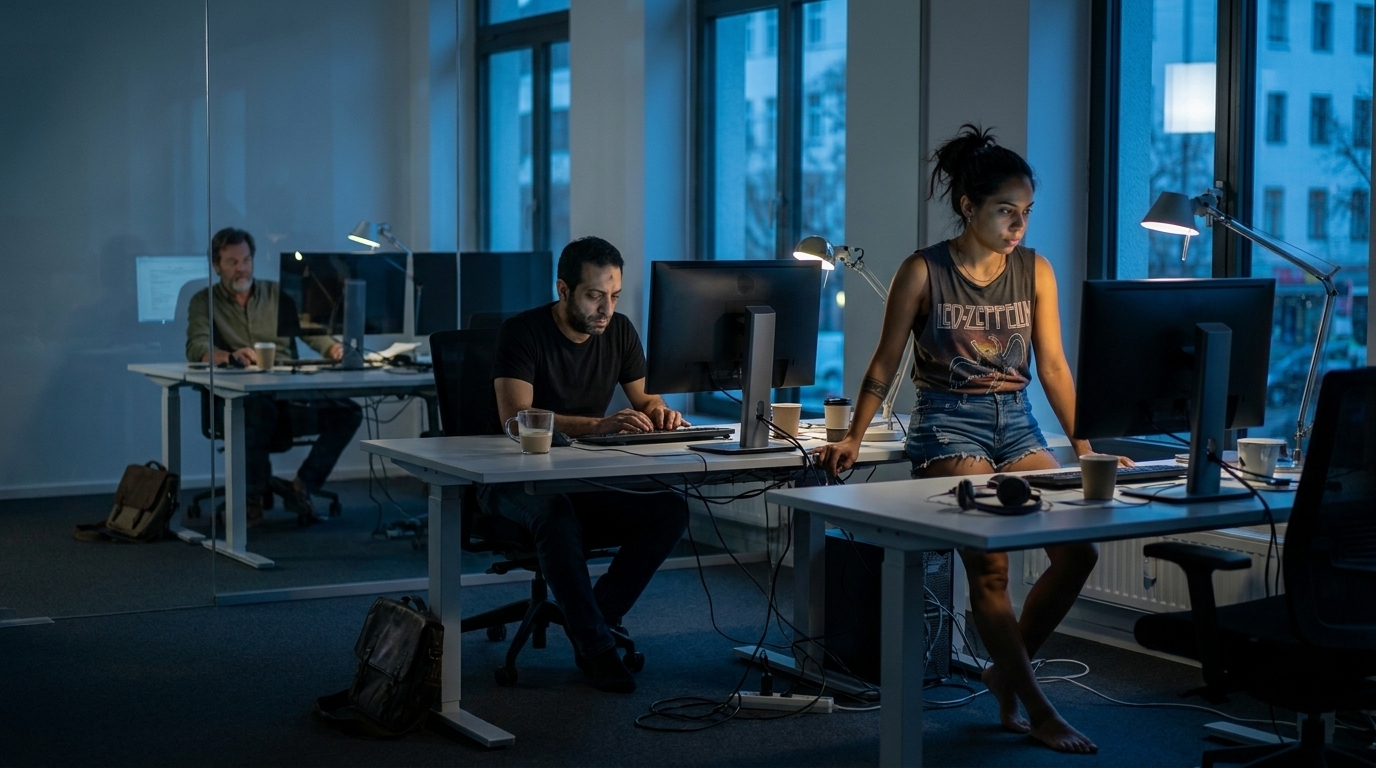 Hassan and Mariana work late at their desks while Stefan watches through the glass wall, the office mostly dark except for the lit development floor.