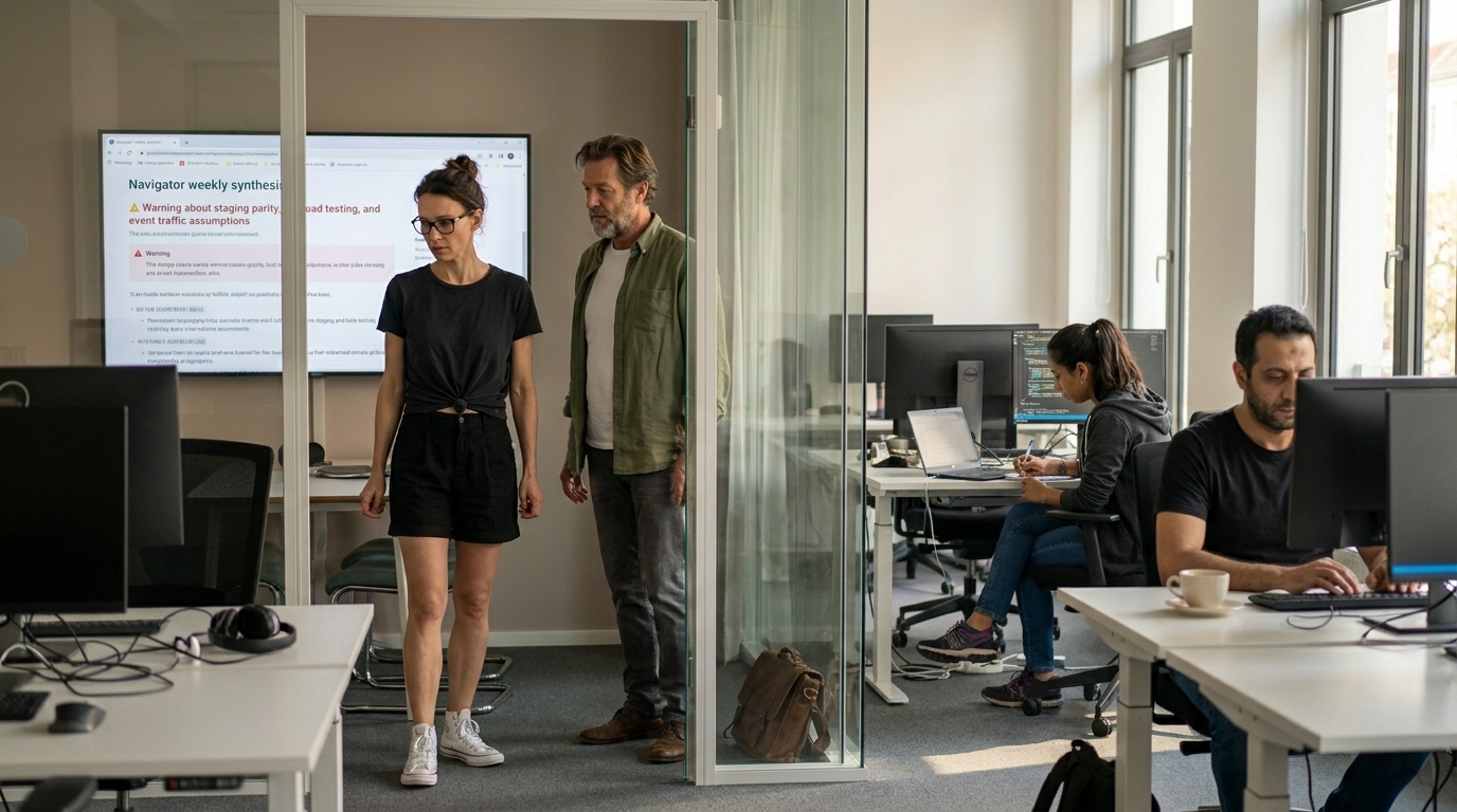 Katja and Stefan review the Navigator synthesis in the glass conference room while Mariana writes tests and Hassan works at his desk beyond the glass wall.