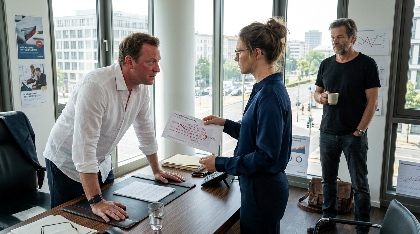 La oficina de Lukas, elegante pero llena de posters de marketing y graficos financieros. Lukas, de pie tras su escritorio, se inclina hacia delante. Katja sostiene un grafico de dependencias impreso. Stefan observa en silencio con una taza de cafe.