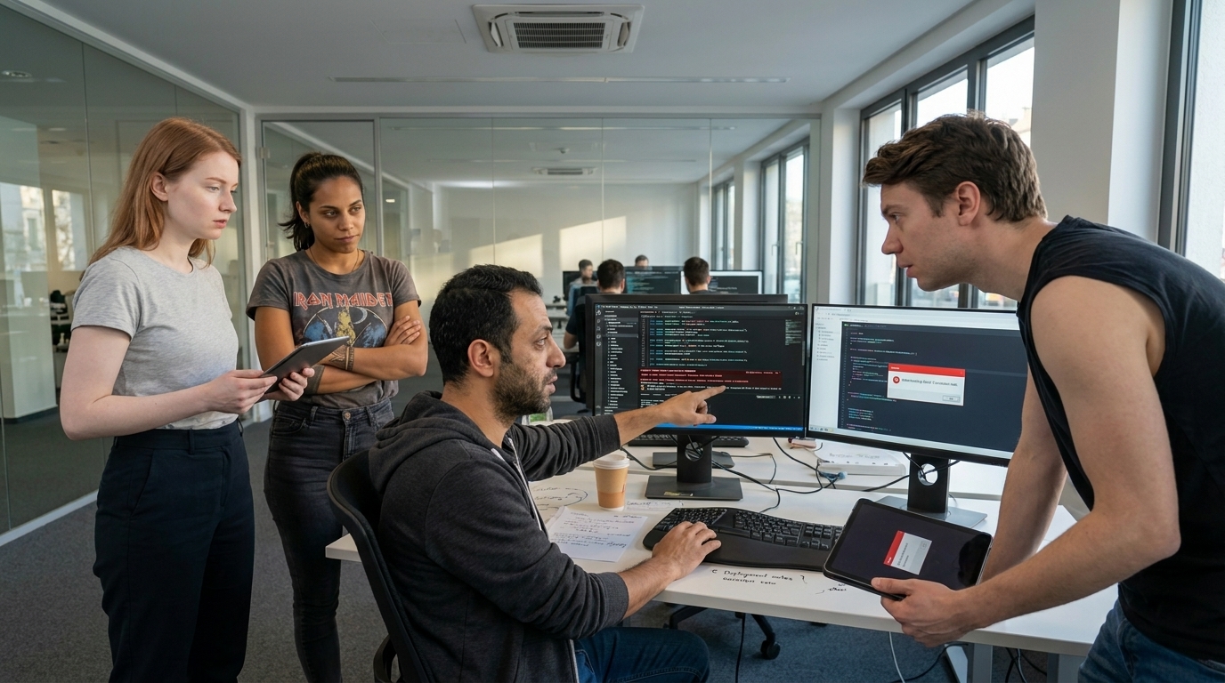 Hassan Al-Rashid points at staging deployment logs while Anton leans in and Mariana and Sofia watch from nearby desks.