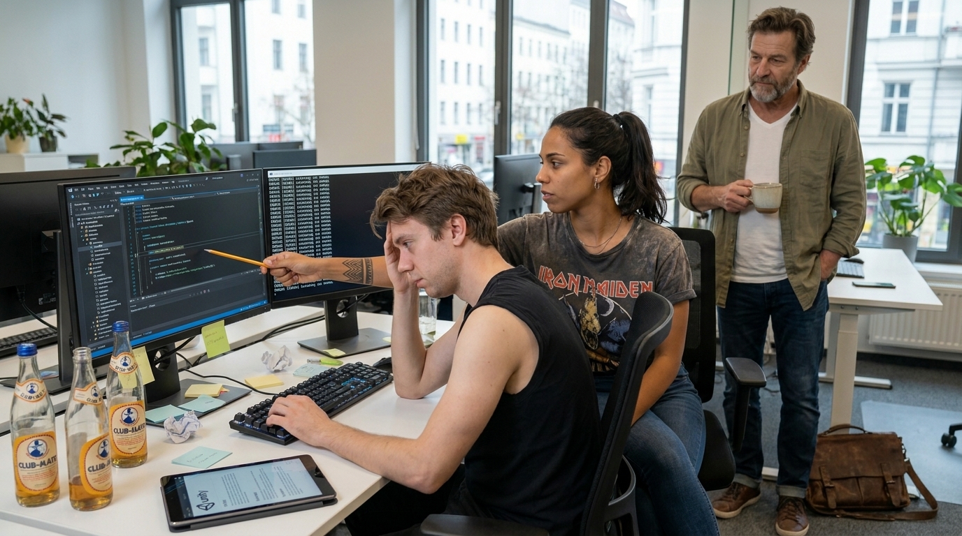 Anton stares at repeated debug output while Mariana points at his code and Stefan observes from behind.