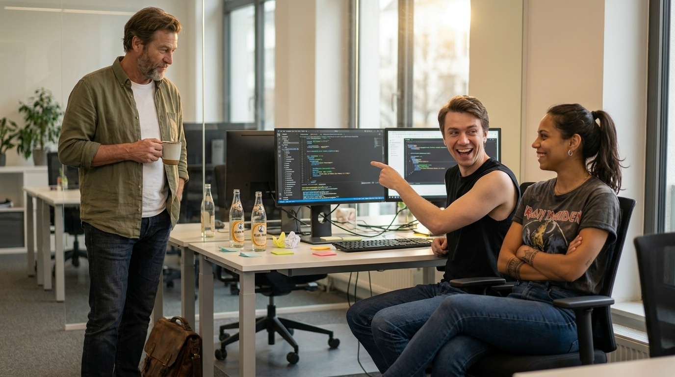 Anton points at a screen full of passing tests while Mariana smiles beside him and Stefan nods in approval.