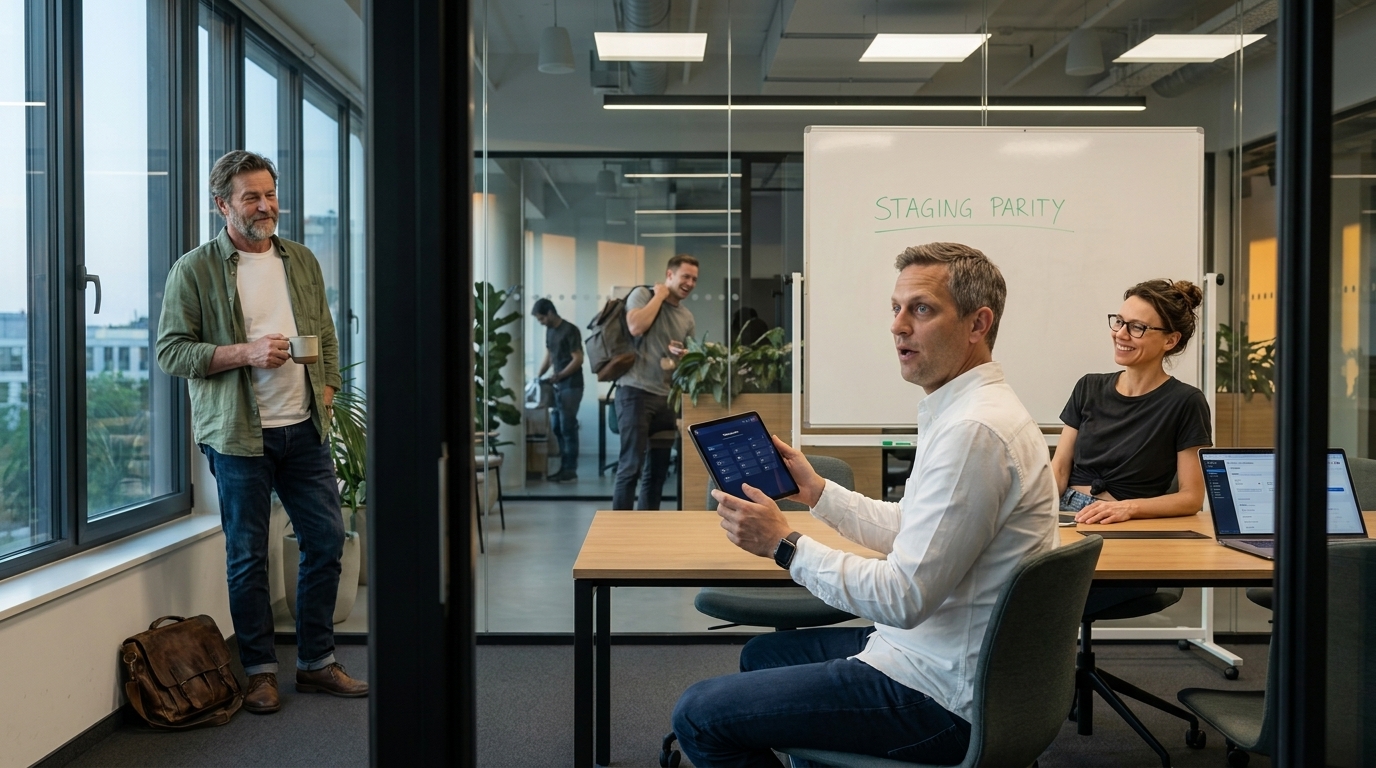 Lukas and Katja review a stable tournament lobby demo on a tablet while Stefan watches from the conference room window at dusk.