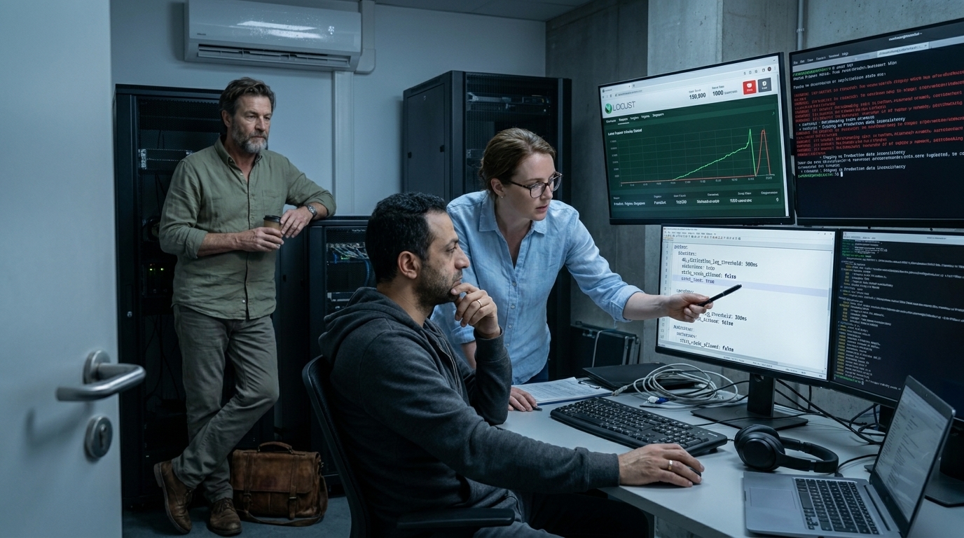 Hassan Al-Rashid estudia la estación de trabajo de la prueba de carga mientras Sofia señala el script en un monitor y Stefan Richter observa junto al rack de servidores.