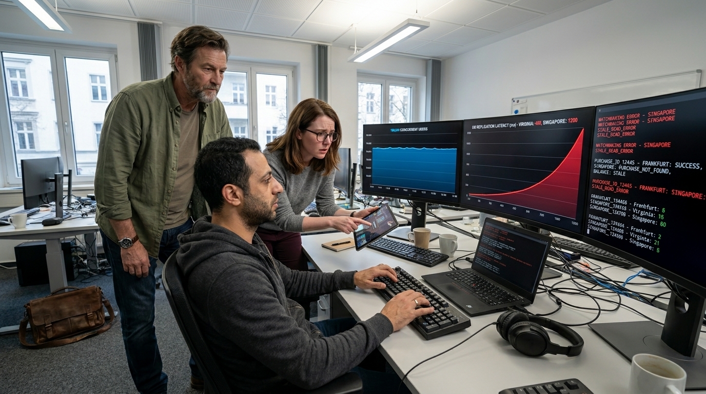 Hassan Al-Rashid trabaja en el teclado mientras Sofia observa gráficas de latencia de replicación y logs de errores encendidos en Singapur, con Stefan Richter inclinado detrás de ambos.