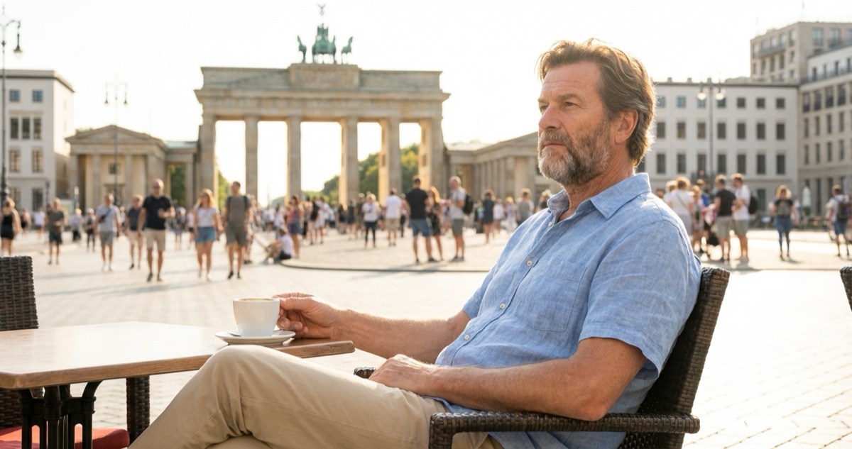 Stefan Richter con cafe en Pariser Platz, Berlin