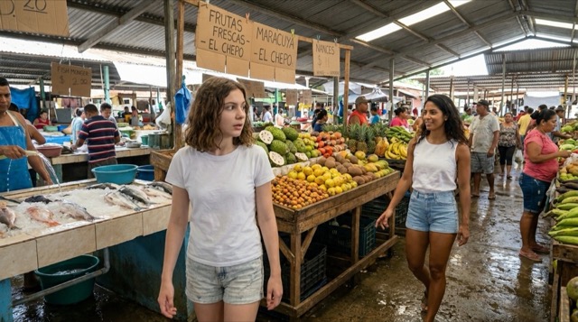 Chepo market — tropical fruit, fish on ice, and Sophie taking in the dense, sensory life of the market.