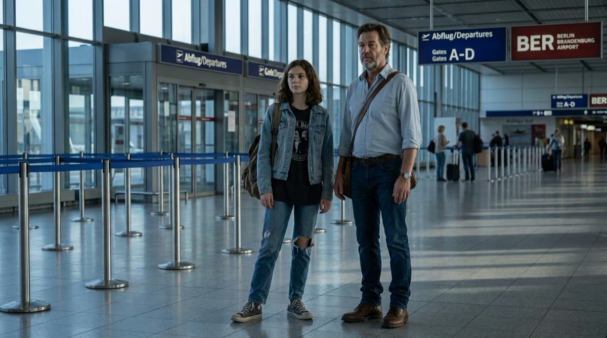 Sophie and Stefan at Berlin Schönefeld in late July 2026, standing near the glass wall and departure area before their flight to Panama. Sophie wears a faded denim jacket and band T-shirt; Stefan wears rolled sleeves, dark jeans, and a worn messenger bag. The scene should show summer travel fatigue, airport signage, luggage, and the muted light of an early departure.
