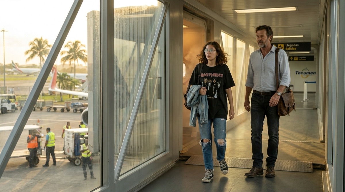 Sophie and Stefan stepping out of the aircraft into Tocumen International Airport in Panama City, with warm tropical light, humid glass, airport ground crew, and the first shock of the heat outside the jet bridge.