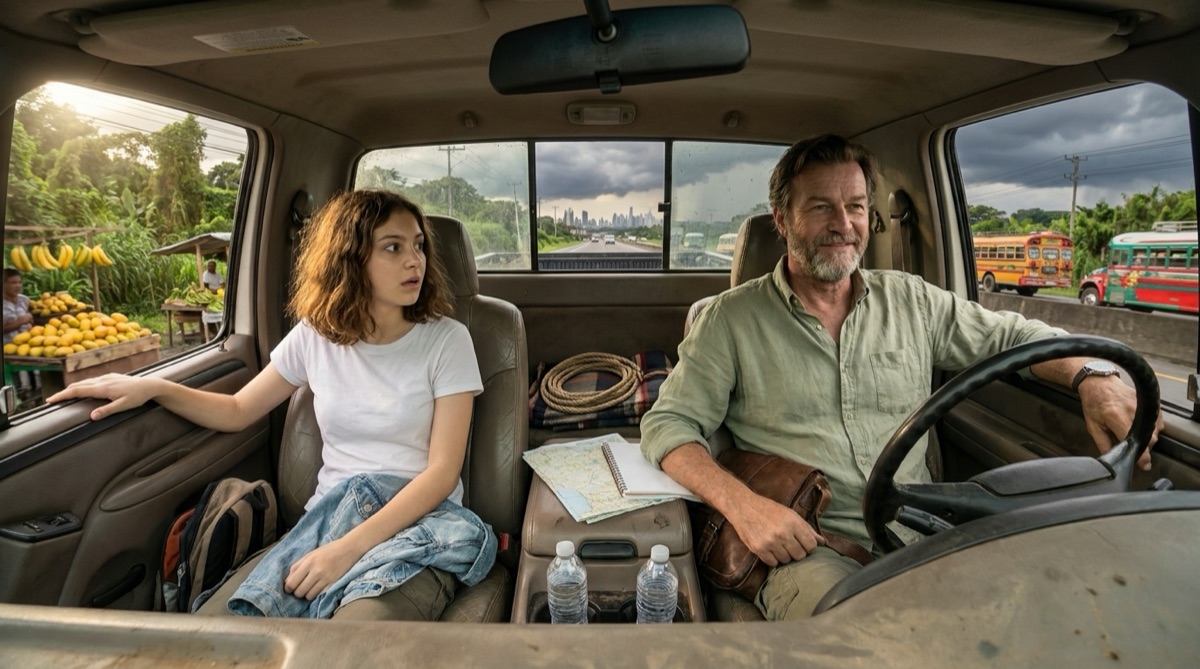 Sophie and Stefan inside the pickup truck leaving Tocumen toward Chepo on the Interamericana, with wet heat, city edges fading, and the truck cabin framing the road east.