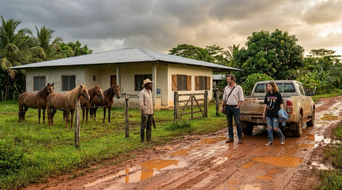 Stefan's pickup truck arriving at the finca at the end of a red-mud road near Chepo, with the house, fence line, wet ground, and the first threshold into his Panama life.