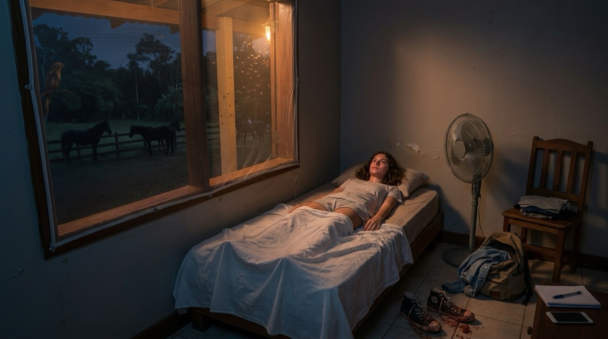Sophie's first night at Stefan's finca, awake in a small hot room while tropical darkness and distant shapes beyond the window make the night feel close and uncanny.