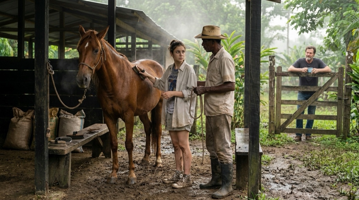 Alimentación y cepillado temprano en la finca: Sophie sigue el ritmo cuidadoso de Esteban junto a una yegua de paso peruano mientras Stefan observa desde la reja.