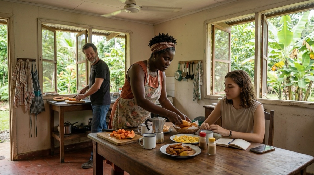 A media mañana, en la cocina de Rosa Ibargüen en la finca, Sophie se sienta a la mesa mientras Rosa gobierna la casa y Stefan corta fruta en el mesón.