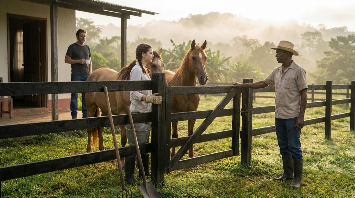 Segundo amanecer junto a la cerca del potrero: Sophie llega preparada y serena mientras Esteban abre la reja y Stefan observa desde la terraza.