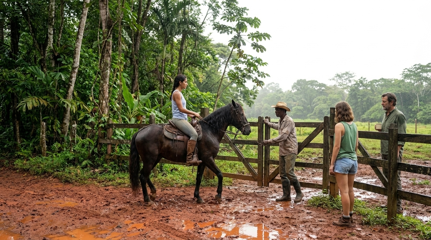 Valentina Sánchez kommt im Regen zu Pferd an Stefans Finca-Tor an, Esteban öffnet den Riegel, Sophie und Stefan schauen vom roten Schlammweg aus zu, hinter ihnen dichter Regenwald.