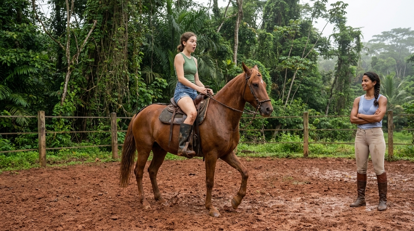 Sophie starrt Reina mit großen Augen an, mitten im Paso Llano, das Sattelhorn in der Hand, der Körper seltsam still – Valentina schaut mit verschränkten Armen und einem kleinen zufriedenen Lächeln zu, die rote Lateritkoppel und die Regenwaldmauer hinter sich.
