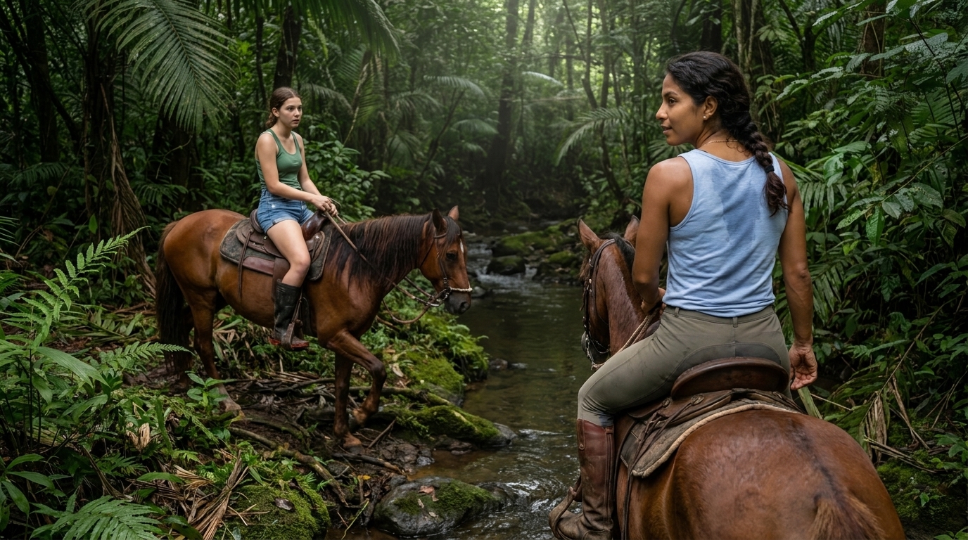 Sophie auf Reina an der Waldbachüberquerung, Valentina auf ihrem Pferd im Vordergrund, die über ihre Schulter blickt, das Blätterdach des Regenwaldes völlig geschlossen über ihnen, moosige Felsen und dunkles Wasser darunter, Farne und Palmwedel, die von allen Seiten eindringen.