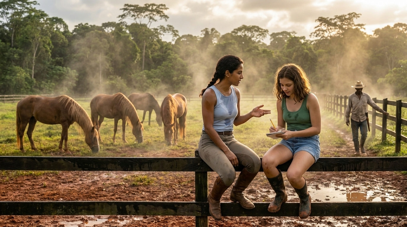 Valentina und Sophie sitzen nach dem Regen auf dem Zaungeländer, Sophie schreibt in ihr Notizbuch, während Valentina auf die peruanischen Pasos zeigt, die im Nachregendampf hinter ihnen grasen, Esteban geht über die Zaunlinie am anderen Ende, das Blätterdach des Regenwaldes leuchtet golden über der Koppel.