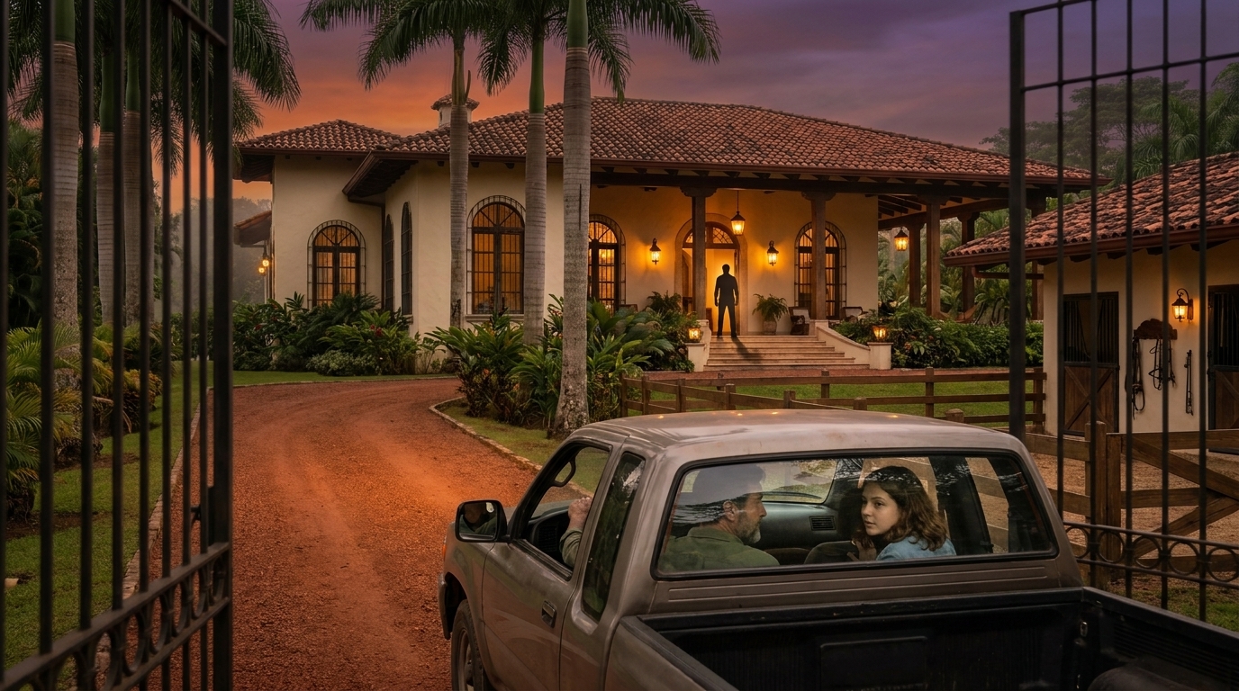 La camioneta de Stefan cruza la puerta de hierro de la finca Sánchez al anochecer: la casa con techo de tejas iluminada cálidamente al frente, una silueta en los escalones de la terraza, palmeras en el camino de laterita roja, Sophie visible a través de la ventana del pasajero, el cielo de un naranja intenso que se desvanece a violeta.