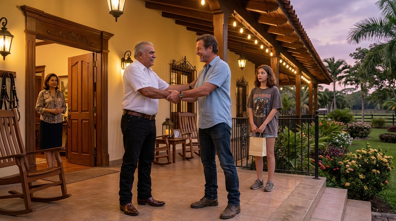 Don Ricardo y papá se dan la mano en los escalones de la terraza, ambos sonriendo; Sophie está ligeramente detrás sosteniendo una pequeña bolsa de regalo, mirando las mecedoras y el jardín, mientras Doña Carmen observa desde la puerta abierta. Bombillas Edison en lo alto, palmeras y un cielo morado al atardecer detrás.