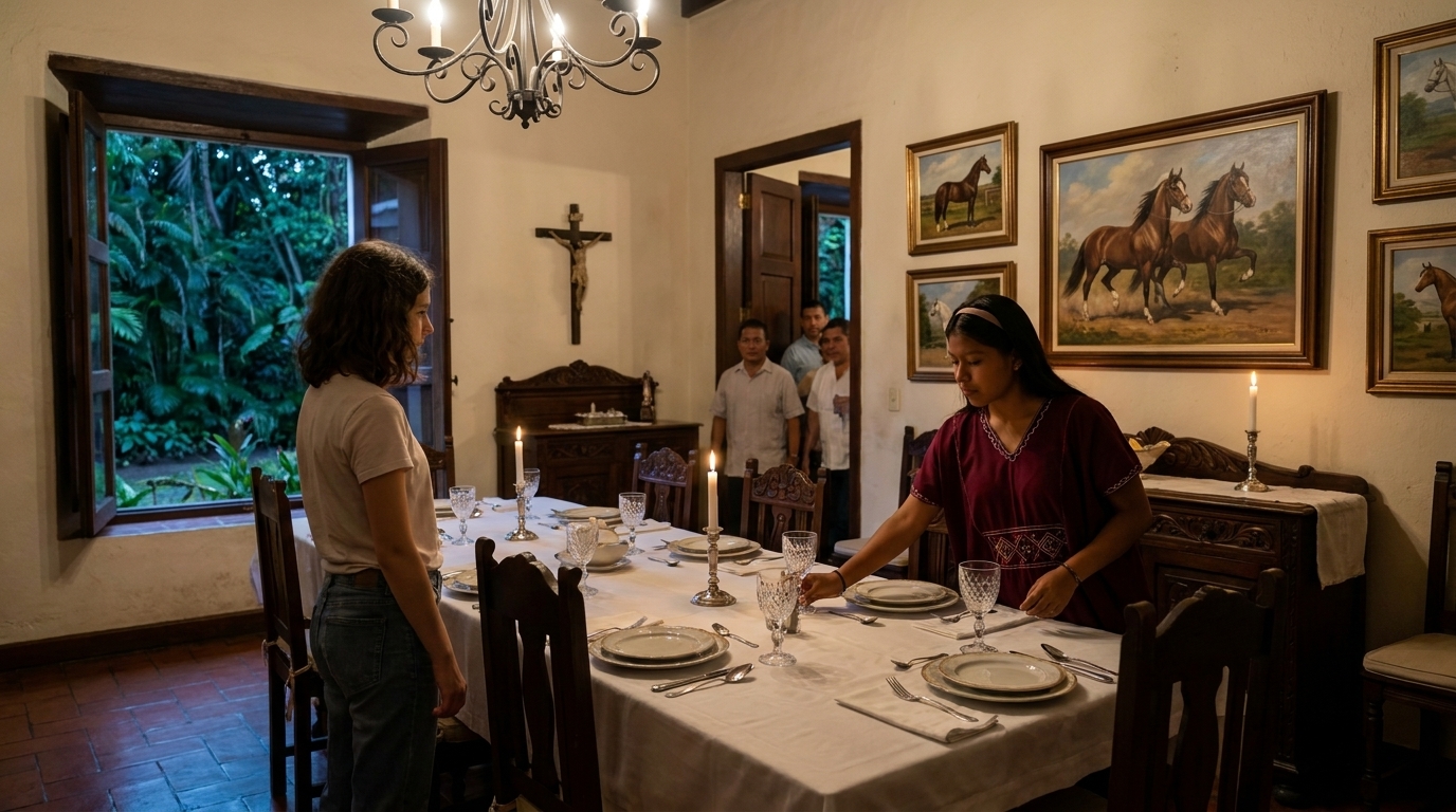 El comedor Sánchez: Sophie se encuentra junto a la ventana abierta mirando los cuadros de caballos en la pared mientras Yariela, con su nagua rojo vino con bandas geométricas bordadas, prepara el último lugar en la mesa a la luz de las velas. Copas de cristal, lino blanco, lámpara de araña de hierro forjado arriba, jardín oscuro visible en el exterior.