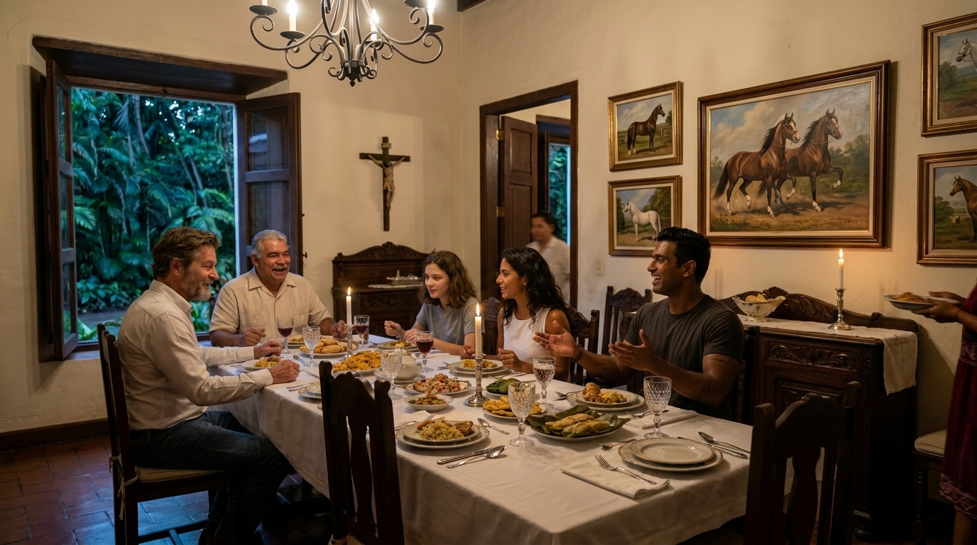 La mesa del comedor de Sánchez al completo: Don Ricardo a la cabecera, Doña Carmen a los pies, papá y Sophie a un lado, Valentina y Mateo al otro lado, risas y manos gesticulantes, ceviche y tamales en hojas de plátano, lámpara de araña en lo alto y apenas visible al fondo, Yariela en medio del paso por la puerta de la cocina, con el dobladillo geométrico rojo vino de su nagua asomando debajo del marco.