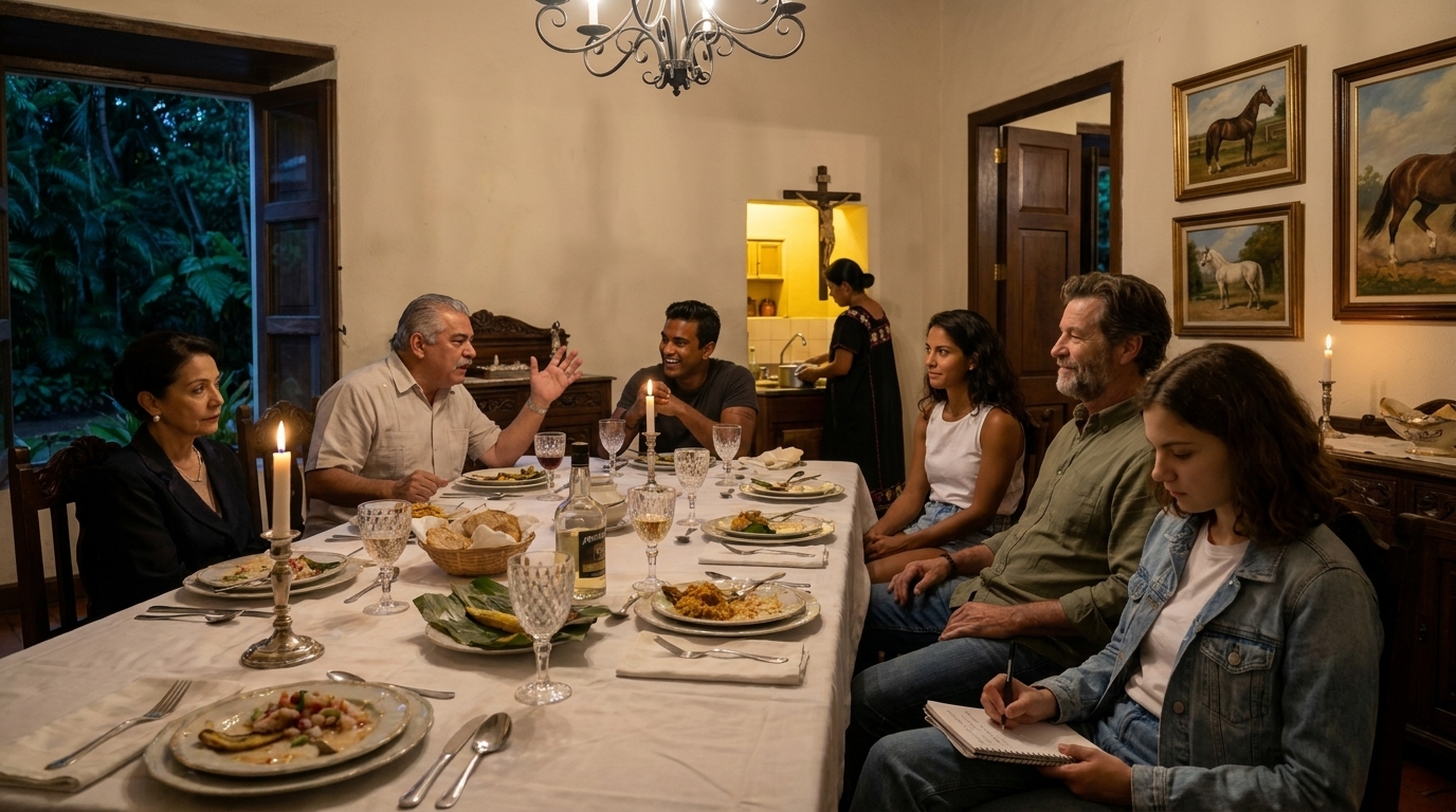 Sophie en su silla, escribiendo en un cuaderno en posición baja, la conversación de la cena continúa a su alrededor: Mateo hace un gesto, Don Ricardo hace un gesto en respuesta, Doña Carmen observa a Sophie con tranquila atención. A través de la puerta de la cocina, detrás de ellos, una mujer trabaja en el fregadero bajo una cálida luz amarilla, un crucifijo en la pared encima de la puerta y cuadros de caballos en la pared de la derecha.