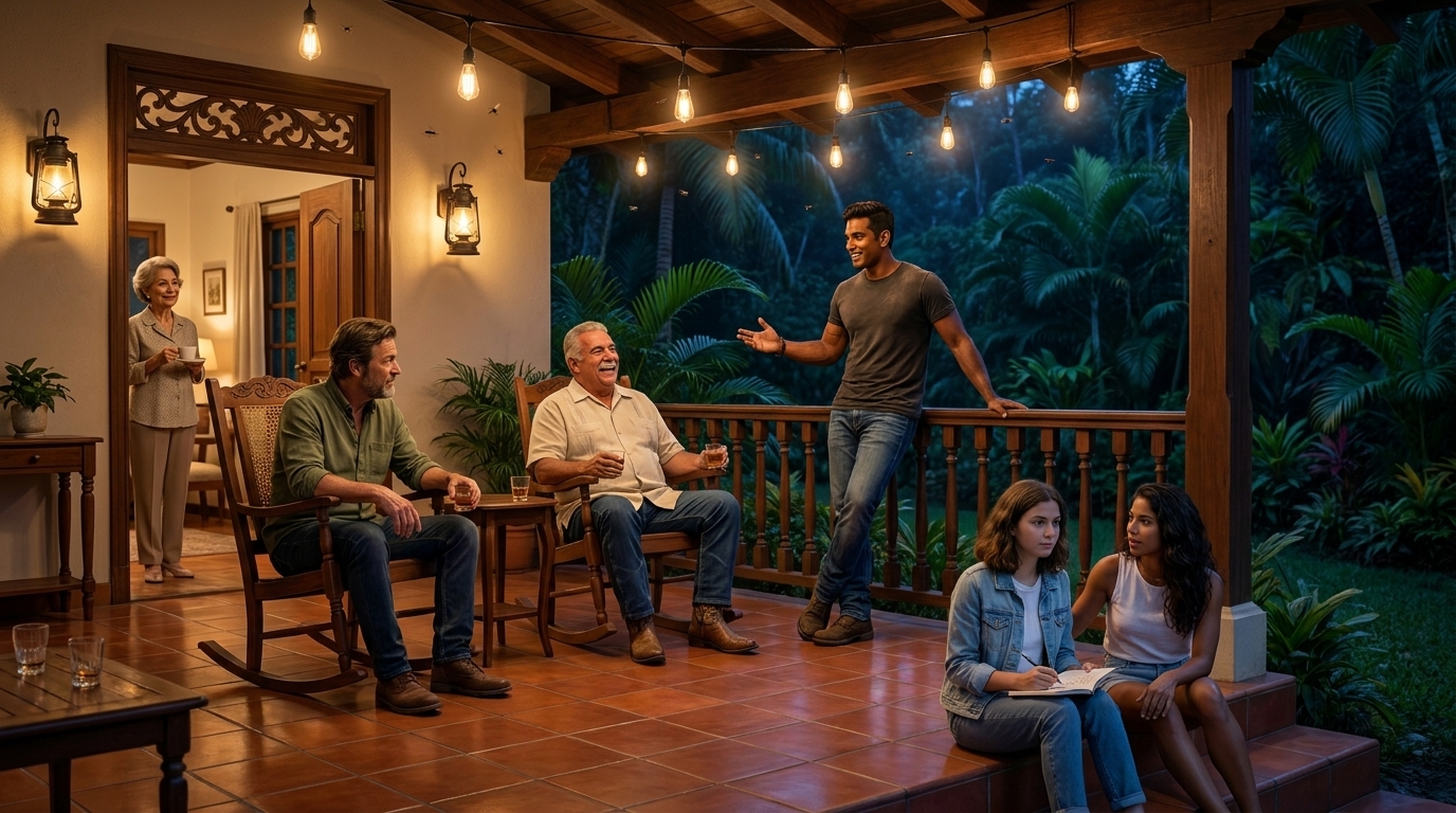 La terraza después de la cena: papá y Don Ricardo en mecedoras con vasos de aguardiente, Mateo parado en la barandilla del medio piso, el oscuro jardín tropical más allá y las bombillas Edison en el techo con insectos. Sophie en las escaleras escribiendo en su cuaderno, Valentina sentada a su lado. Doña Carmen justo dentro de la puerta abierta con una taza de café, mirando.