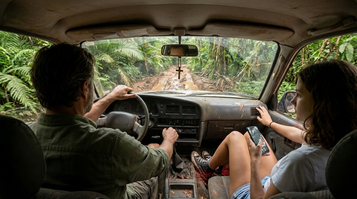 Dentro de la camioneta de Mateo desde el asiento trasero: Mateo conduciendo, Valentina en el asiento del pasajero leyendo su teléfono, las Converse cubiertas de barro de Sophie en el tablero. A través del parabrisas, la pista se estrecha hasta convertirse en profundos surcos de arcilla roja, enormes helechos presionan desde ambos lados y una cruz de madera cuelga del espejo.
