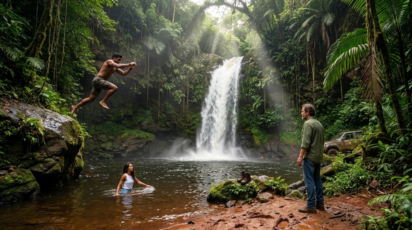 El claro de la cascada de la jungla: Mateo a mitad de un salto desde el borde de la roca en pantalones cortos, Valentina ya con el agua hasta la cintura en la piscina oscura de abajo, papá de pie en la orilla del agua en jeans mirando con las manos a los costados. La cascada cae blanca y violenta detrás de ellos, el dosel de la jungla en lo alto deja pasar rayos de luz filtrada por la niebla, el camión apenas visible en la línea de árboles.
